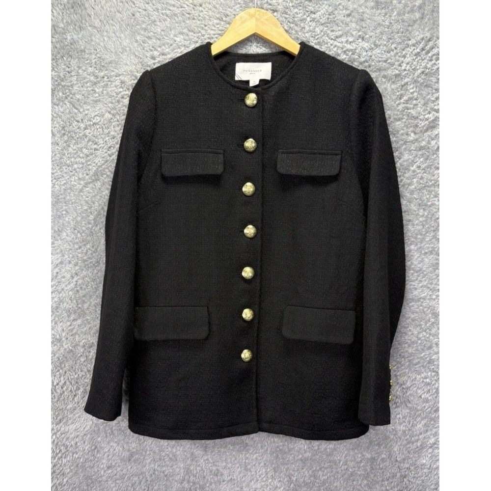 Pomander Place Womens M Jennings Tweed Jacket Black Button Front Blazer NEW
